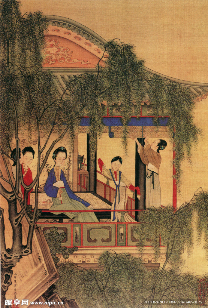 仕女開軒卷簾
