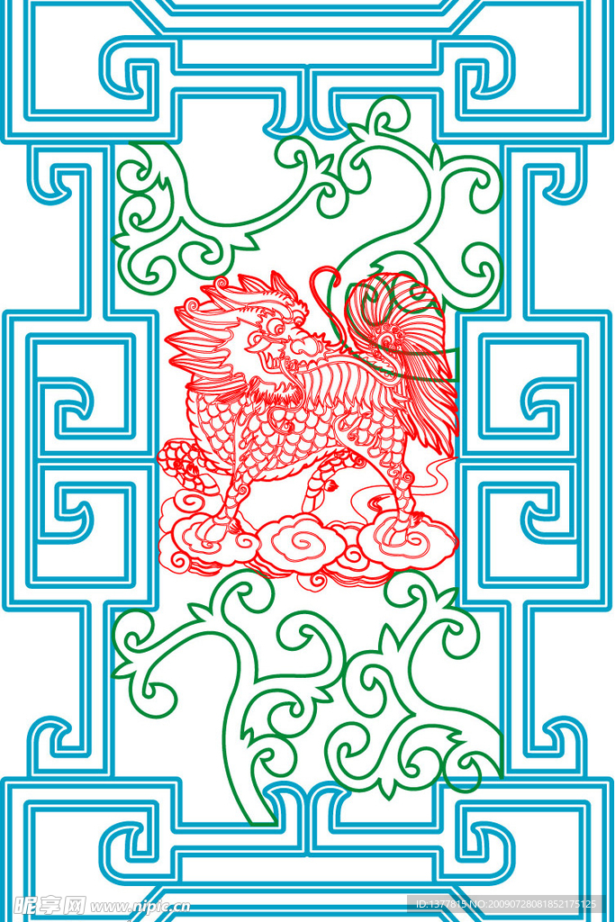 中式古典木雕花窗麒麟圖