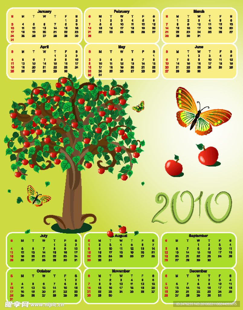 2010苹果树蝴蝶主题日历模板矢量素材