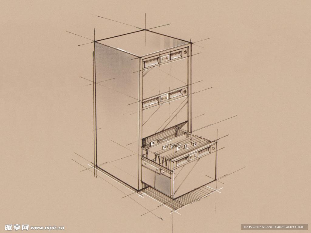 手绘办公室用品 档案柜 抽屉