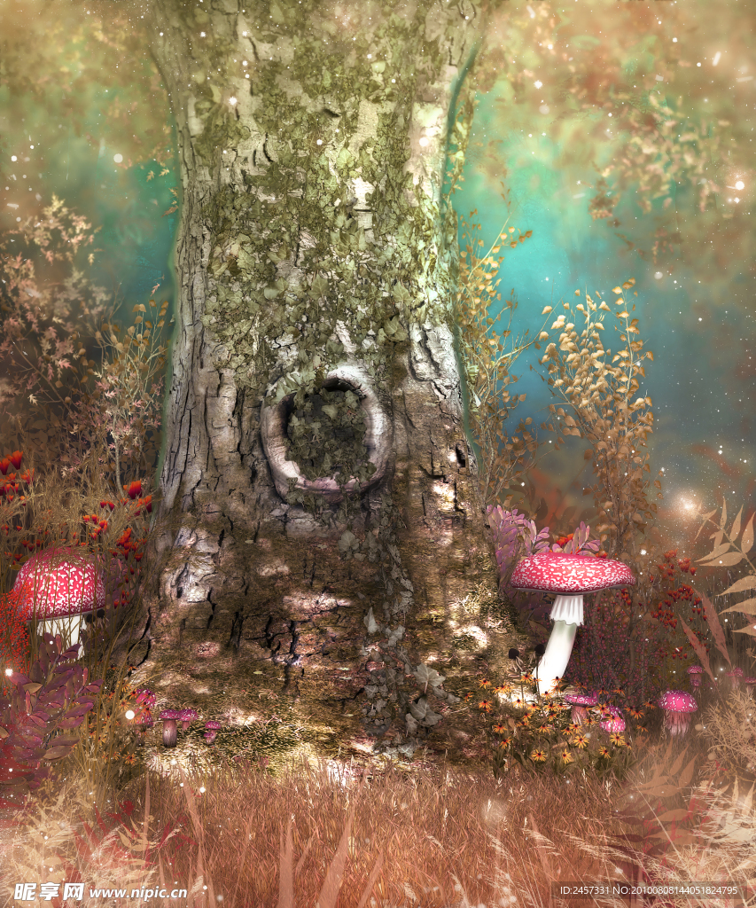 童话背景 古树 蘑菇