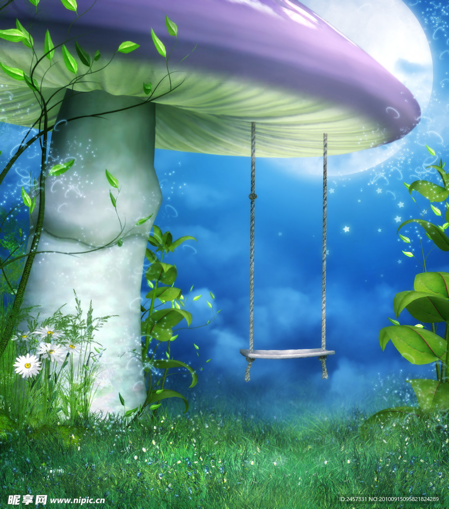 童话背景 蘑菇 秋千 绿叶 草地