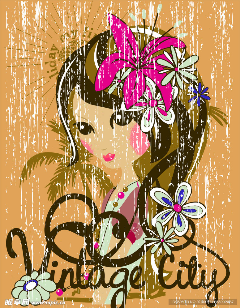 夏威夷花 美女 文字组合 抽象图案 女装印花图