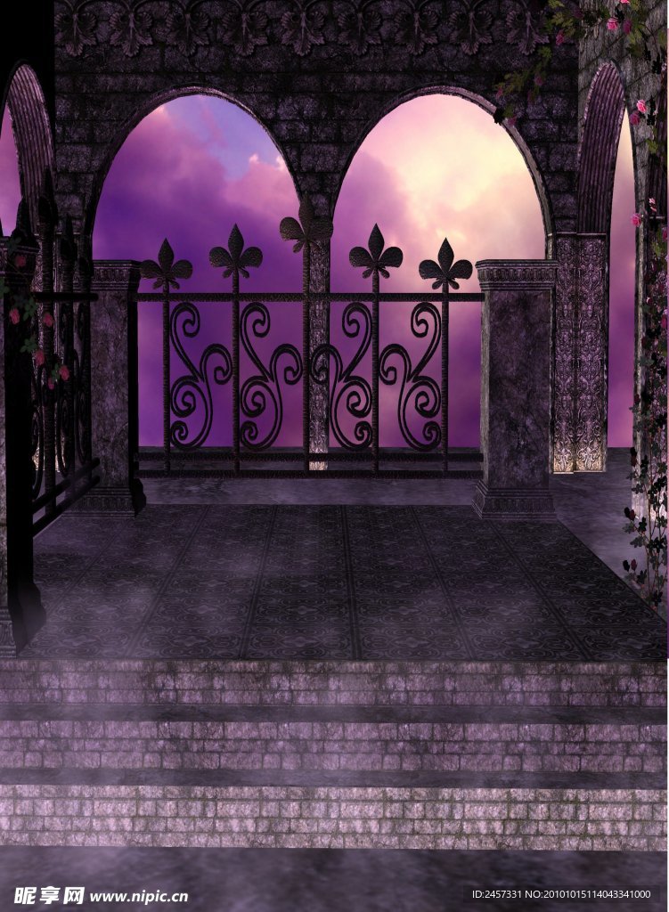 紫色浪漫背景 影楼背景 红花 绿叶