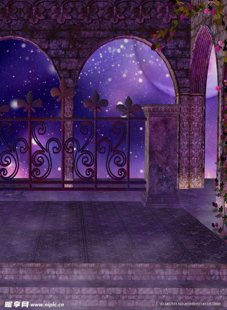 紫色浪漫星光圆月夜 影楼背景