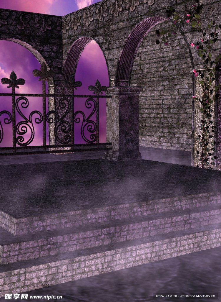紫色温馨浪漫背景 影楼背景 红花 绿叶