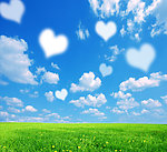绿色原野天空蓝天白云形成的爱心