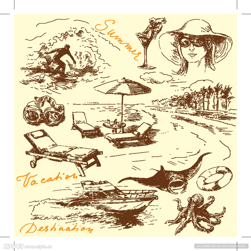 夏季海灘手繪線稿素材
