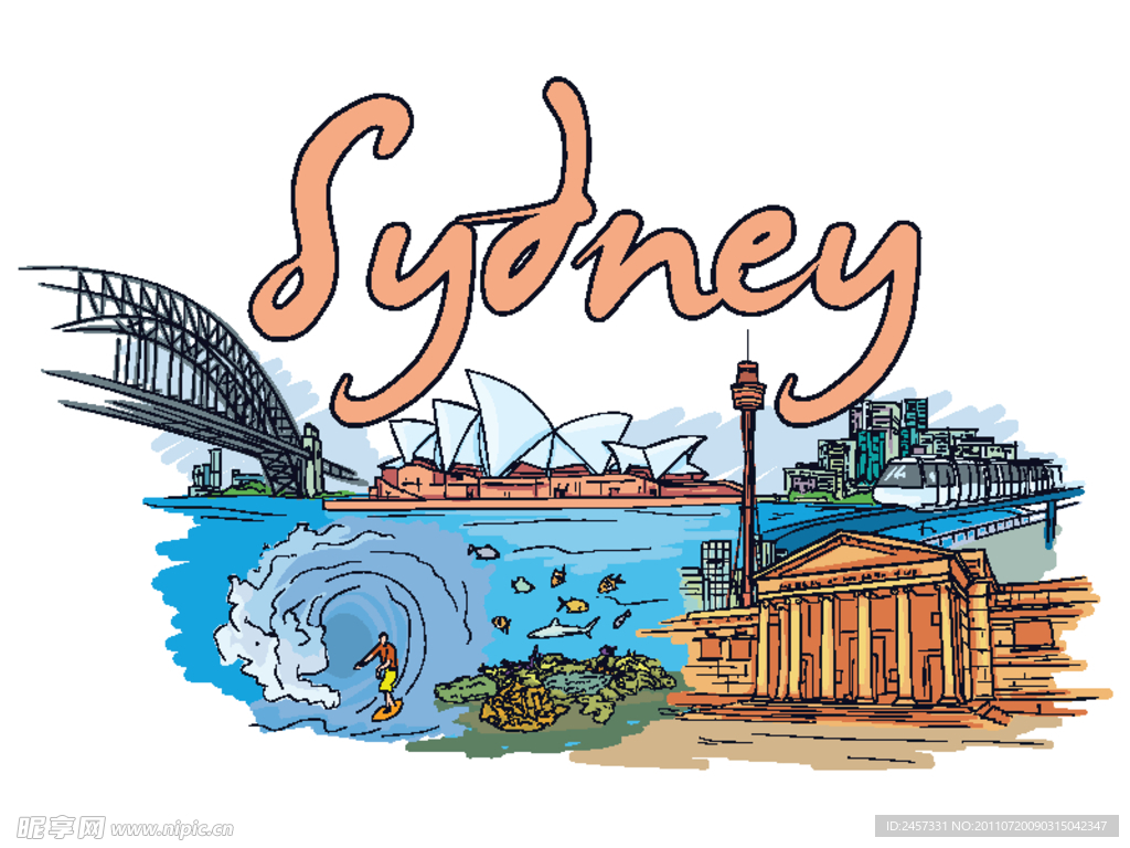 手绘澳大利亚悉尼城市建筑风光