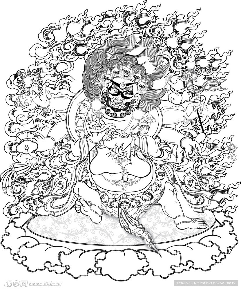大威德金剛 線描黑白圖