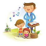 卡通爸爸和孩子们上音乐课
