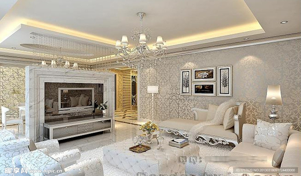豪华银白色欧式客厅模型