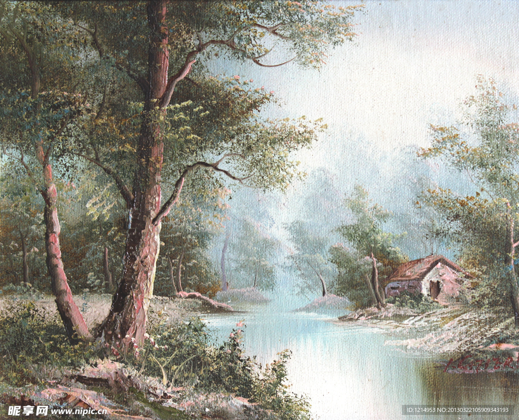 河边小景油画
