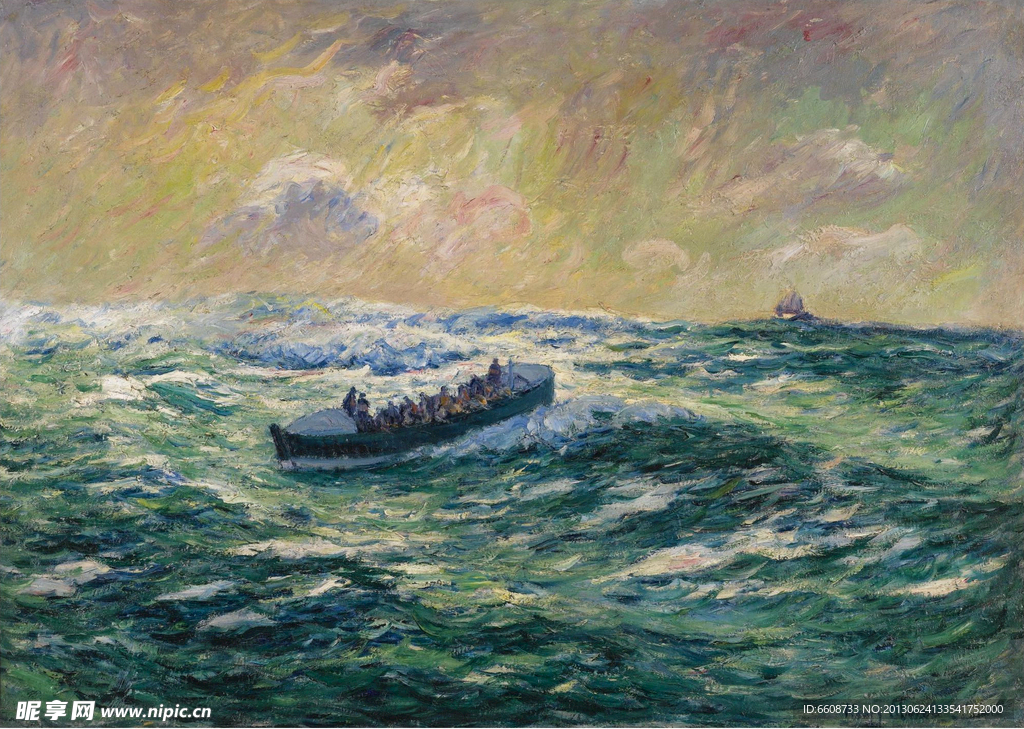 海上渔船油画