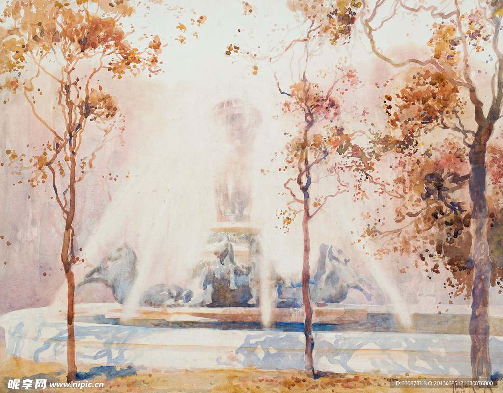 喷泉油画