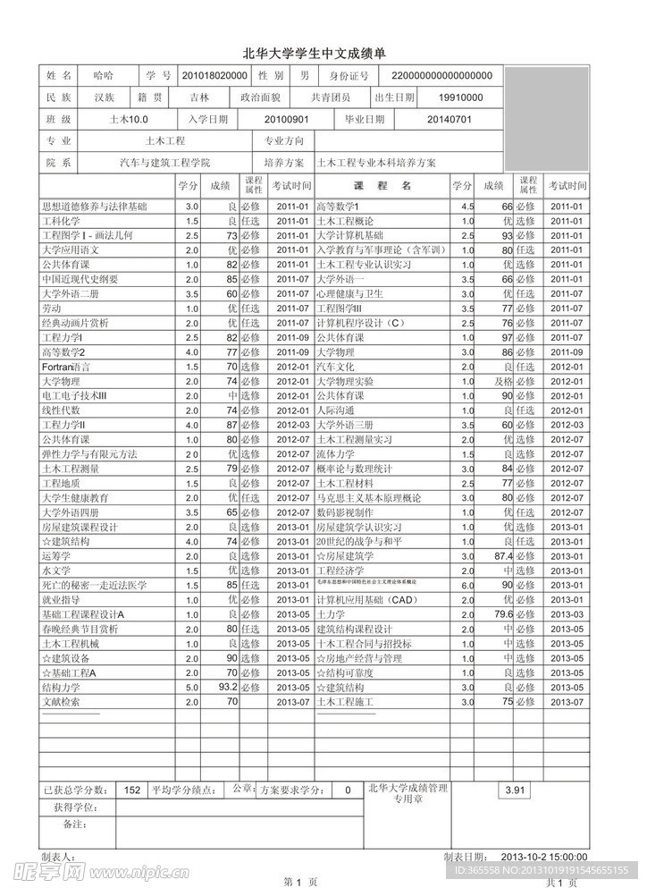 北華大學成績單