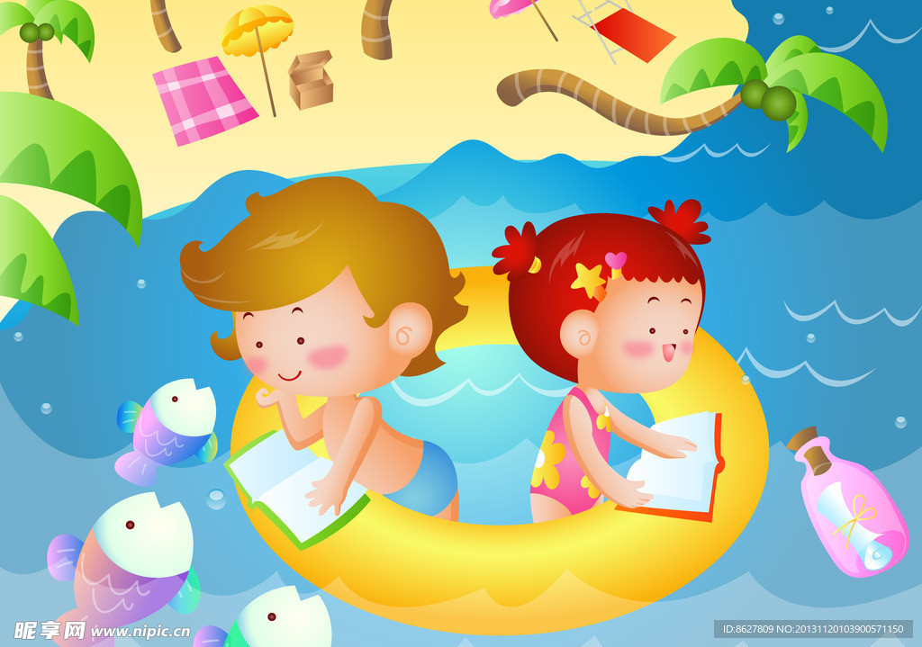 卡通小孩 游泳 看書(shū)