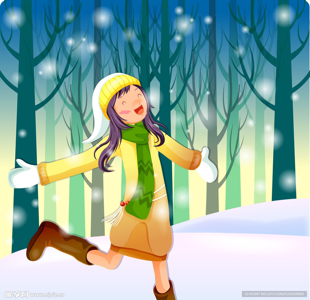 女孩在雪中开心的奔跑