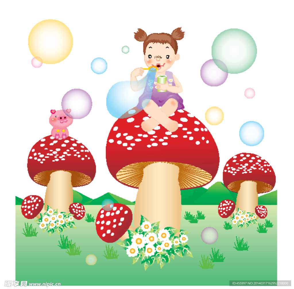 在蘑菇上吹泡泡的女孩