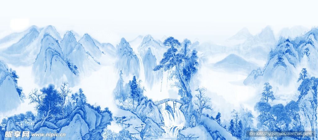 青花瓷水墨山水畫