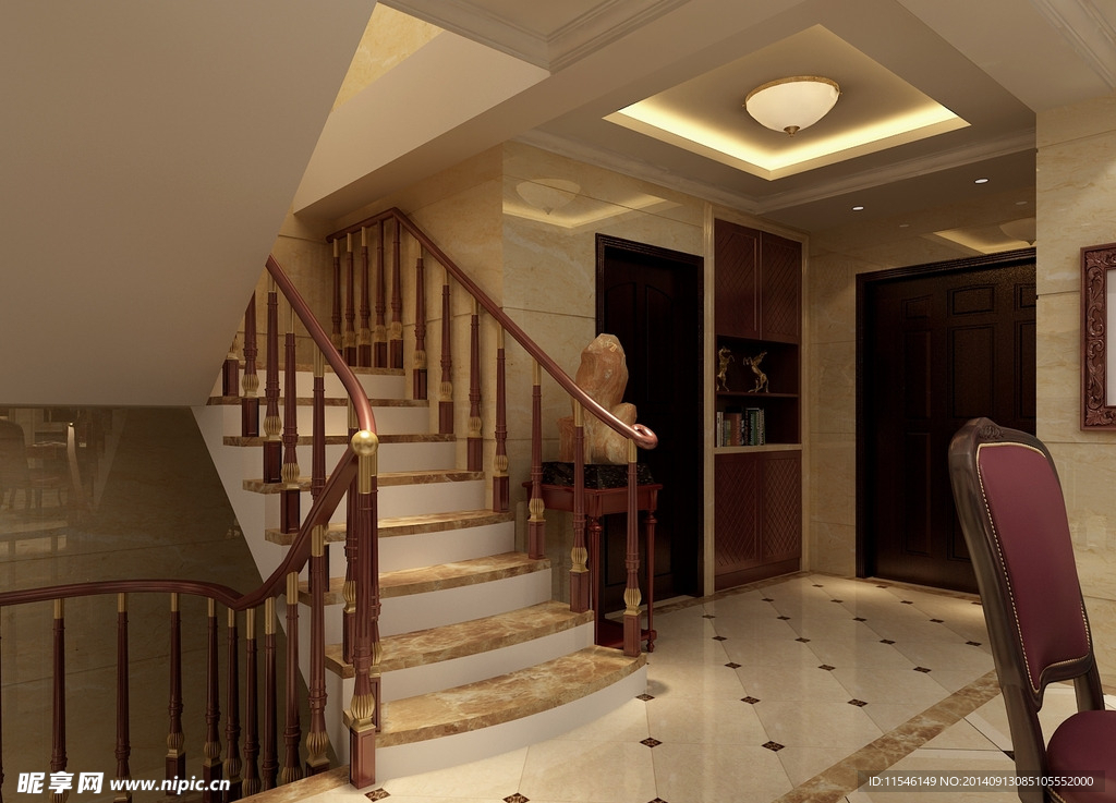 3D别墅楼梯过道效果图