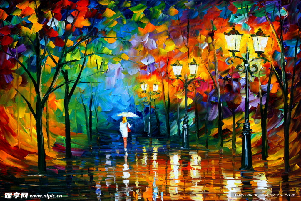 雨中漫步油画
