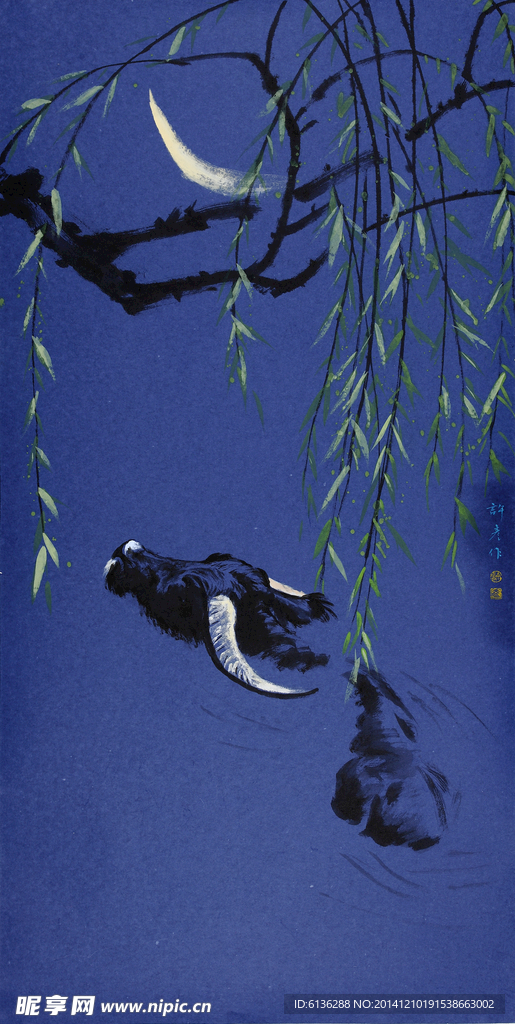花鳥國畫 一彎新月競自由
