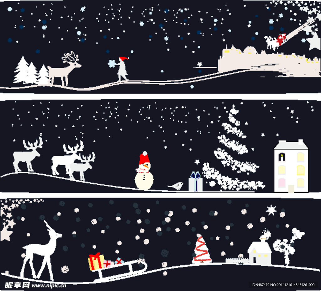 卡通雪原圣诞夜雪橇素材