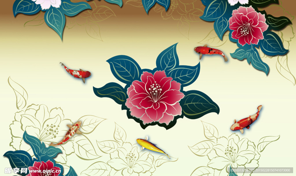 中式牡丹花鯉魚圖