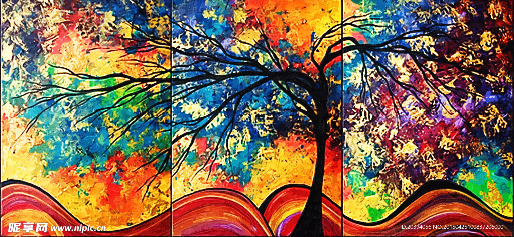三联无框画油画抽象炫彩树