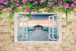 海景窗户紫玫瑰花藤砖墙