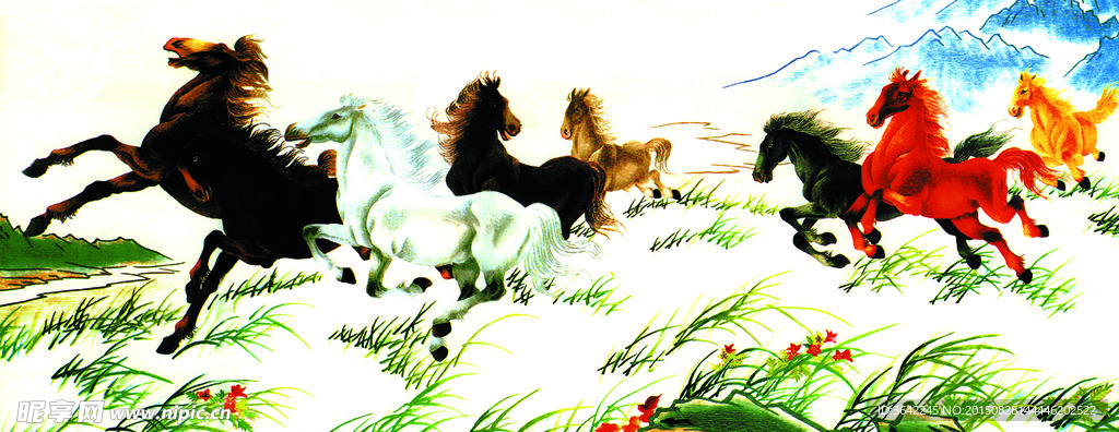 客廳中堂畫三拼奔馬圖