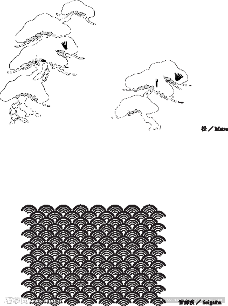 線描松枝青海波矢量EPS