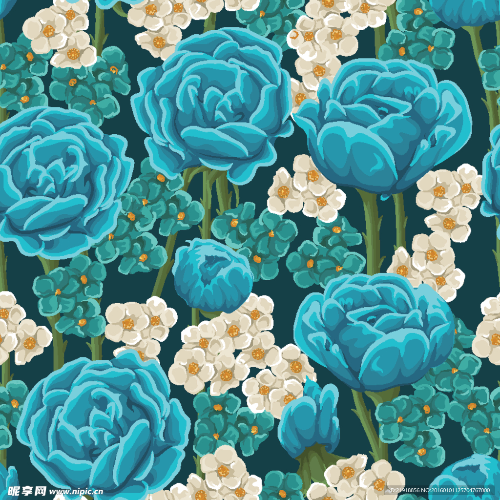 蓝玫瑰花卉无缝背景矢量素材