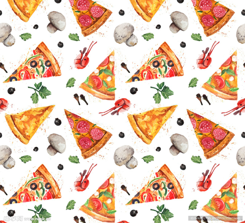 三角披萨和蘑菇无缝背景