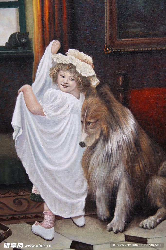 油画女孩与狗