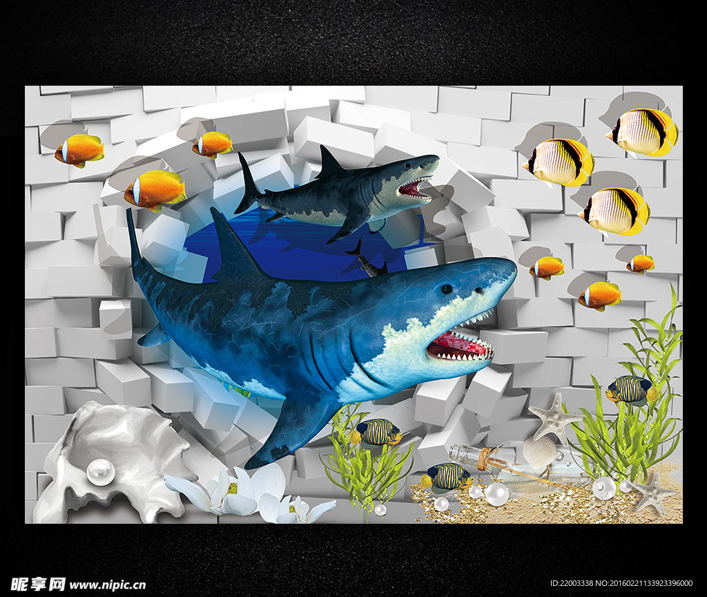 海底鲨鱼3D背景墙