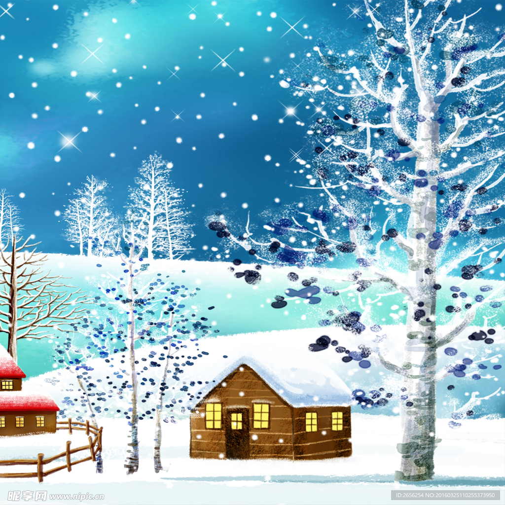 冬天雪花覆盖的树木和房屋