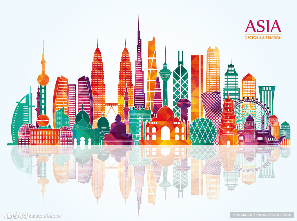 亚洲世界城市地标建筑插画剪影