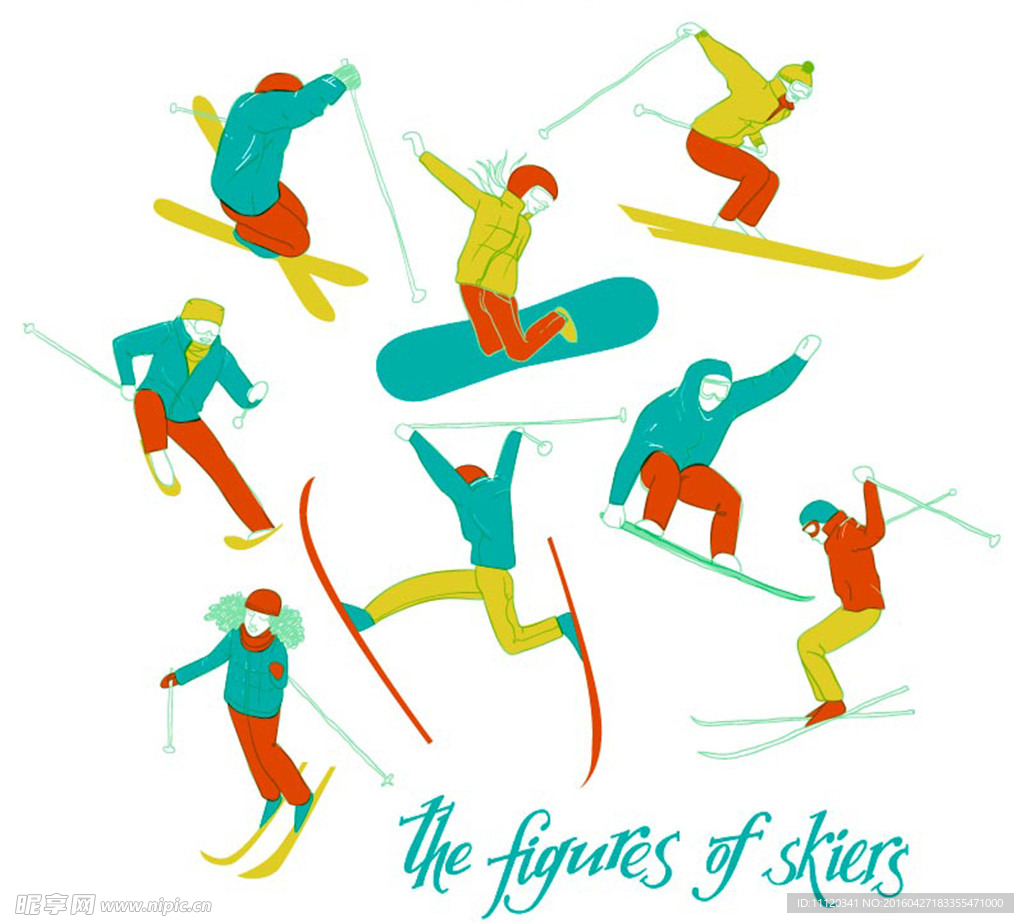 彩绘滑雪姿势设计矢量图