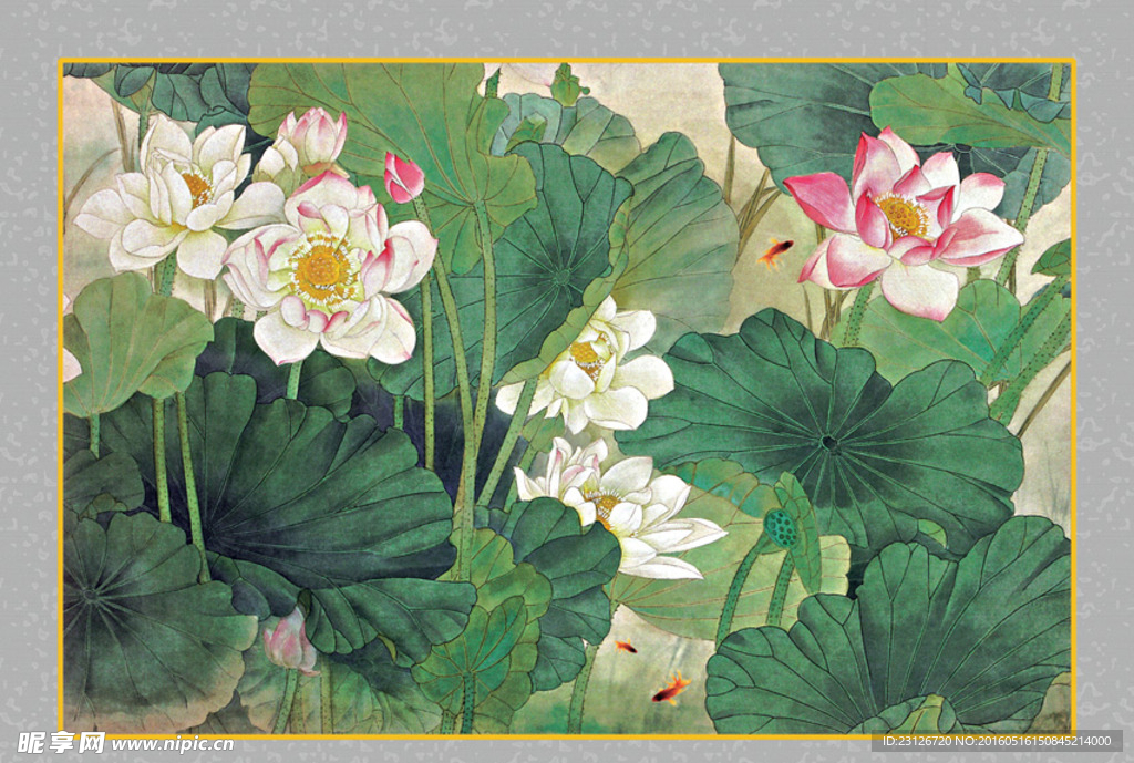 魚嘻荷花圖