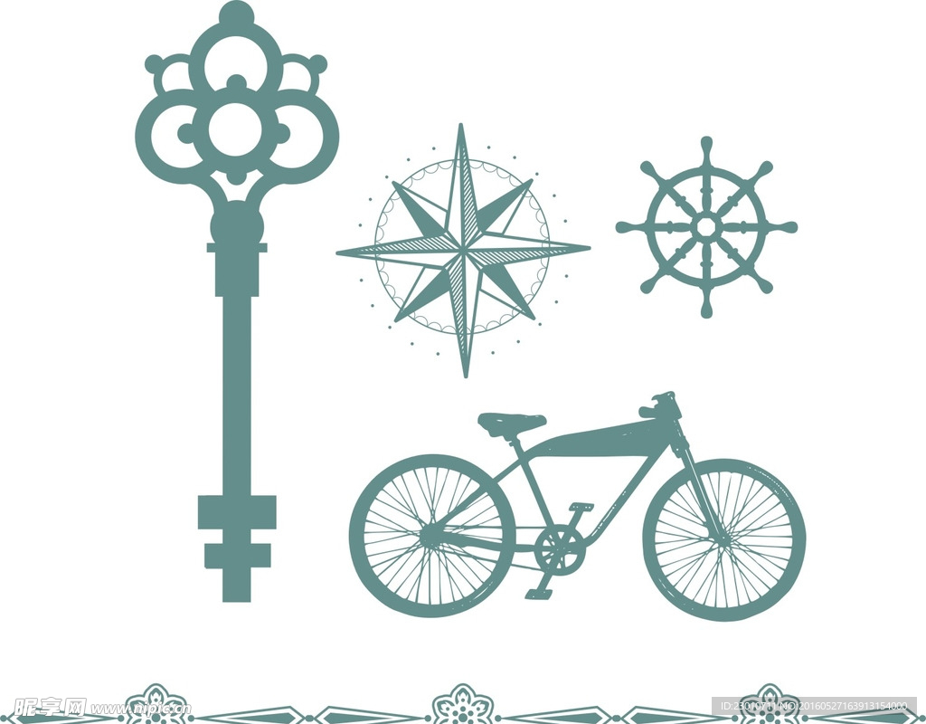 古代钥匙 自行车 古典花纹边框