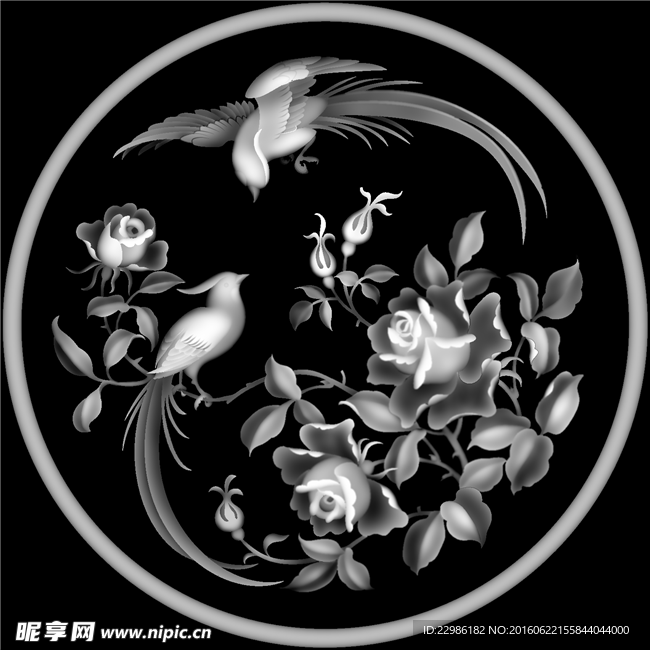 月季花花鸟圆盘挂件灰度精雕图
