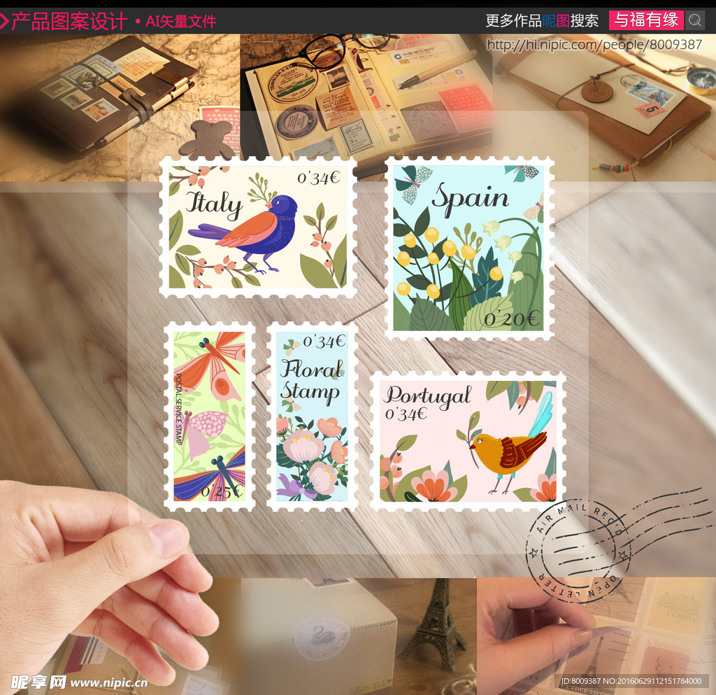 时尚手绘经典花鸟邮票贴纸设计