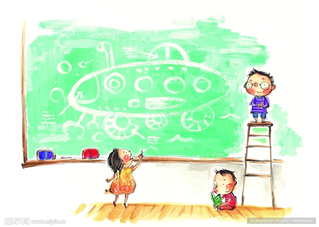 水彩画插画 儿童在黑板上画飞碟