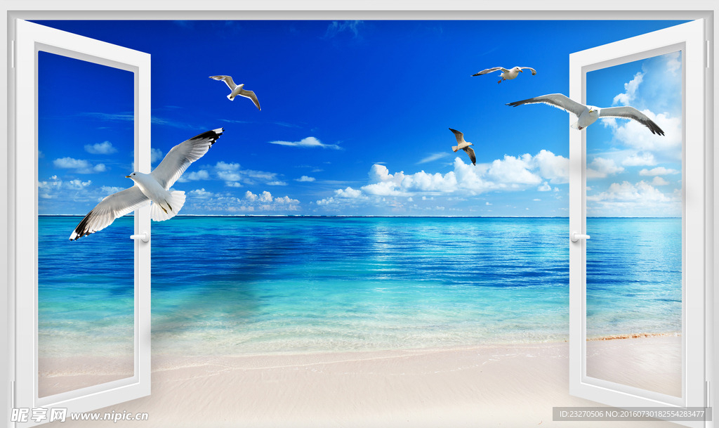 3D窗外海景海鸥风景背景墙壁画