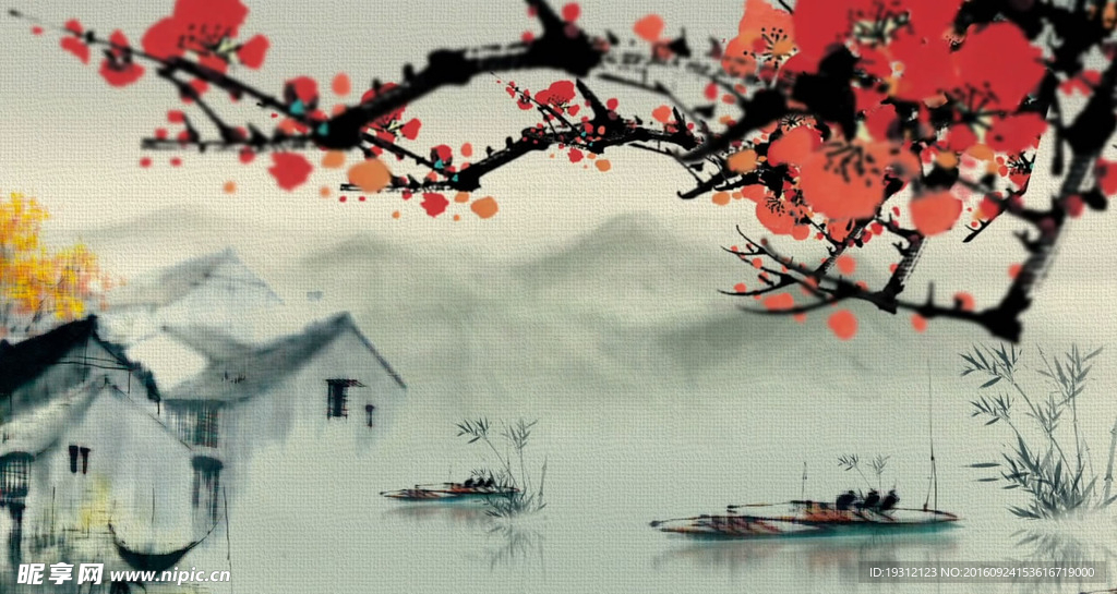 高清水墨紅梅LED背景大屏幕視