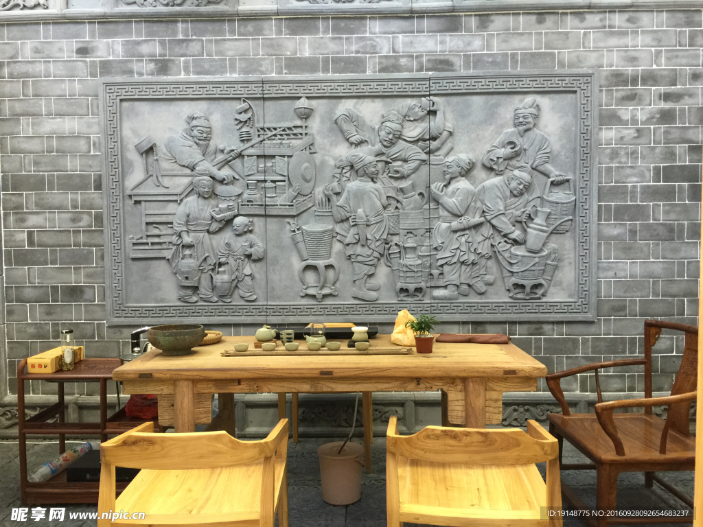 唐语砖雕室内茶秀装饰