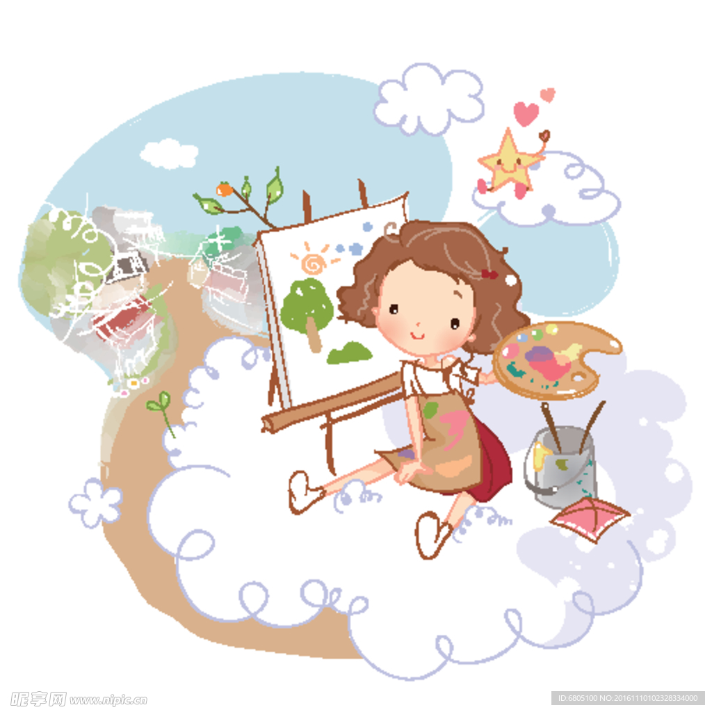 夢幻畫畫小女孩素材