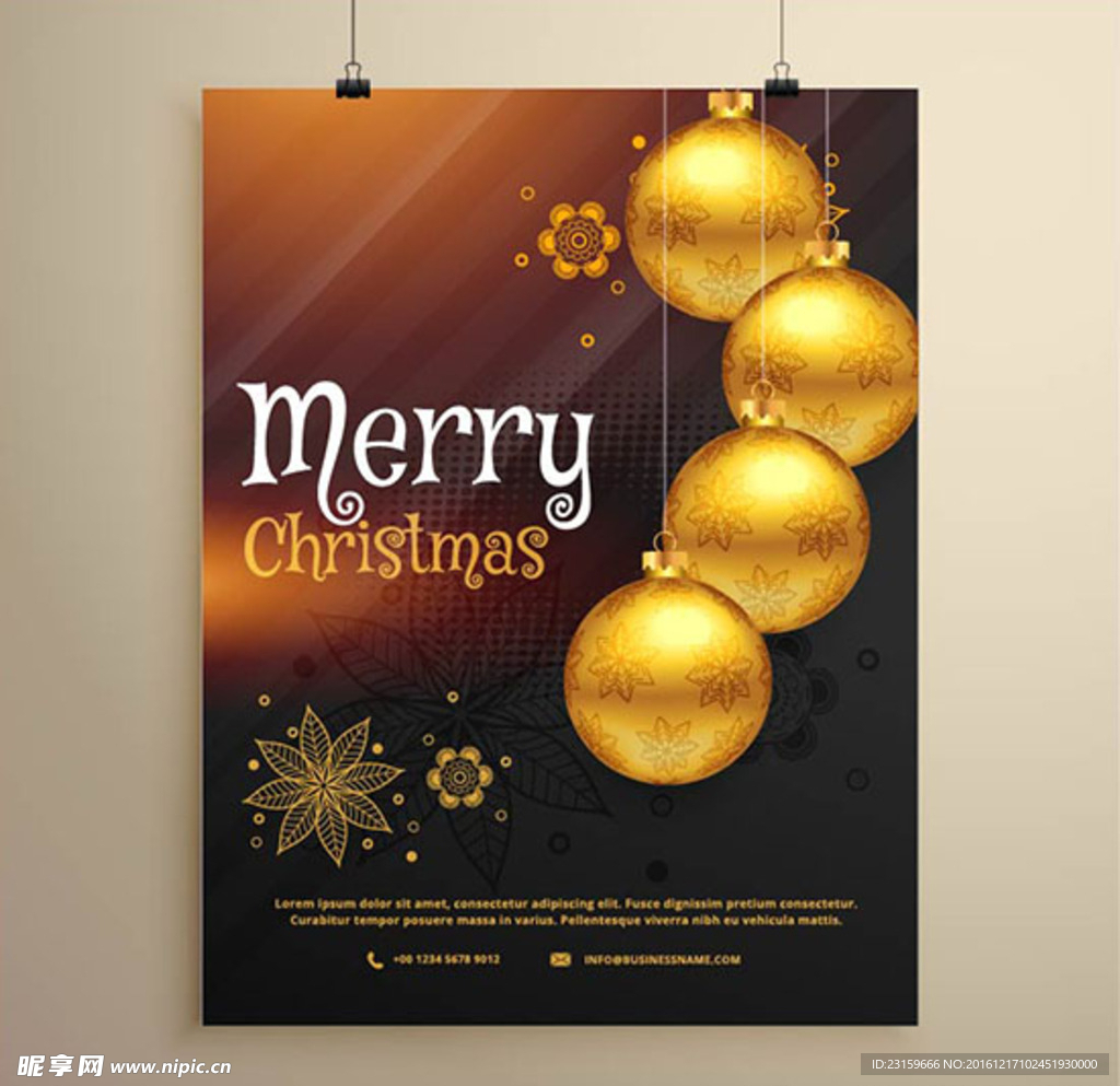 金色圣诞节装饰球海报